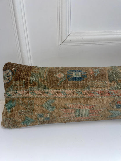 Earth Tone Kilim Pillow Cover, Teal Accent Boho Long Cushion, Neutral Bench Decor