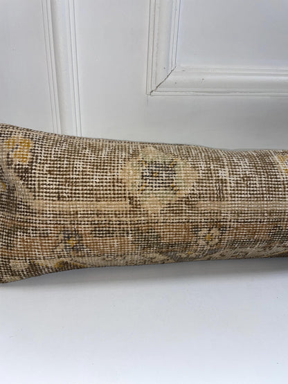 Distressed Neutral Kilim Pillow Cover, Soft Beige Long Cushion, Minimal Bench Decor