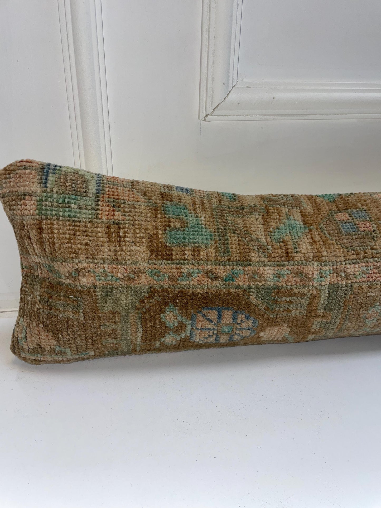 Turquoise Accent Kilim Pillow Cover, Soft Boho Long Cushion, Neutral Bench Decor