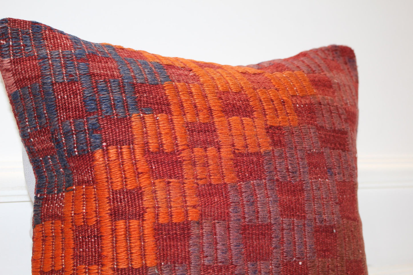 Geometric Anatolian Cushion, Rust Orange Tribal Decor, Handmade Boho Accent (16x16 in)