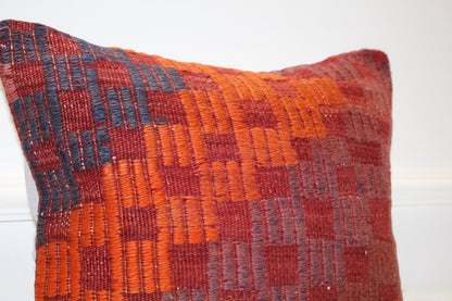Geometric Anatolian Cushion, Rust Orange Tribal Decor, Handmade Boho Accent (16x16 in)