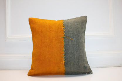Mustard Yellow & Olive Green Cushion, Patchwork Anatolian Textile, Modern Rustic Decor(16x16 in)