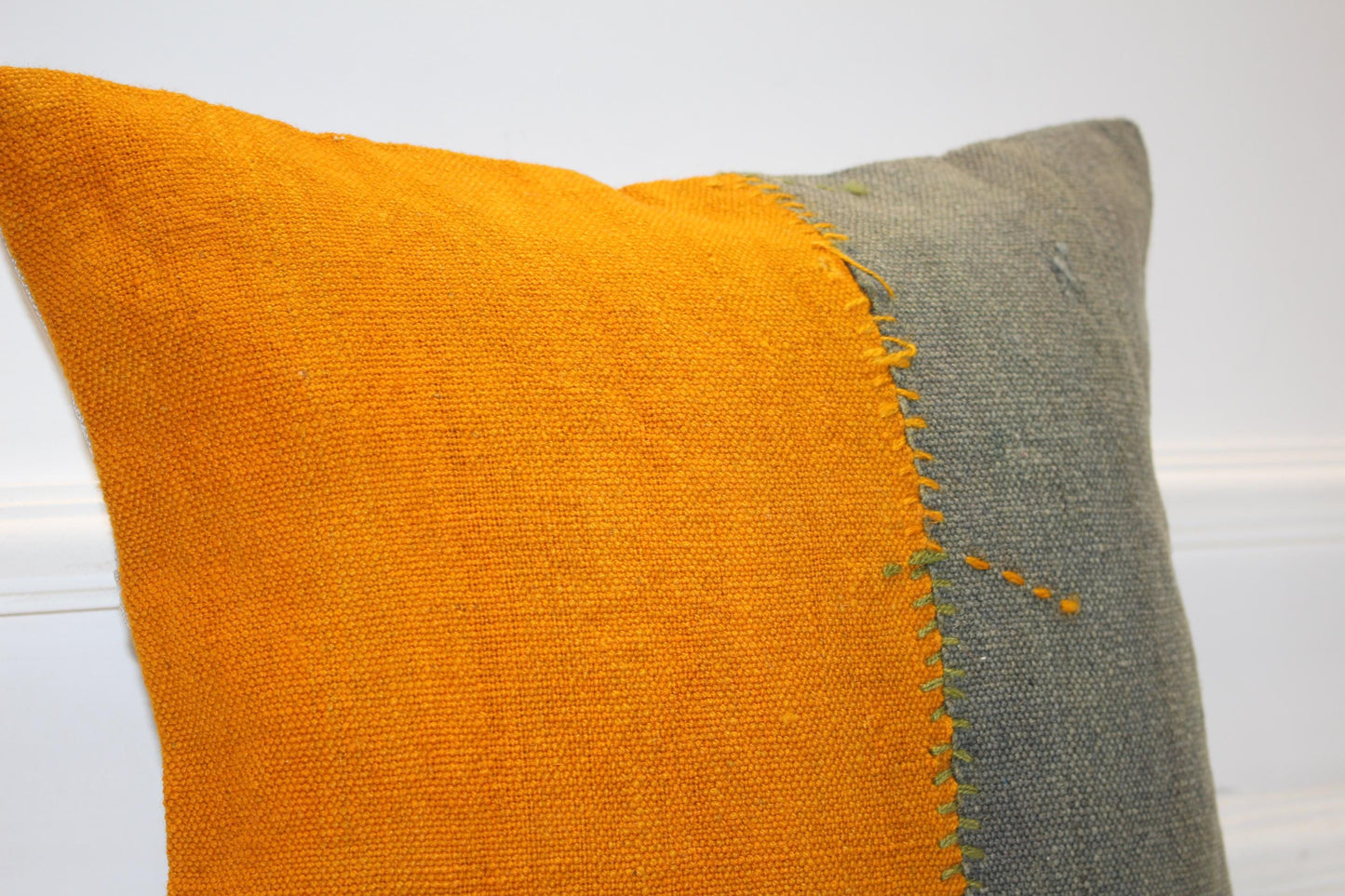Mustard Yellow & Olive Green Cushion, Patchwork Anatolian Textile, Modern Rustic Decor(16x16 in)