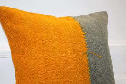 Mustard Yellow & Olive Green Cushion, Patchwork Anatolian Textile, Modern Rustic Decor(16x16 in)