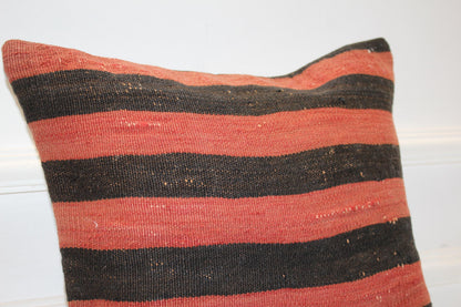 Bold Stripe Anatolian Cushion, Black & Brick Red Tribal Textile, Rustic Modern Decor(16x16 in)