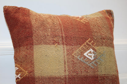 Patchwork Anatolian Cushion, Earth Tone Tribal Motifs, Rustic Boho Home Decor(16x16 in)