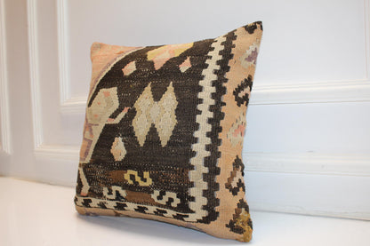 Handmade Kilim Pillow Cover, Boho Woven Rug Accent Pillow (16x16 in)