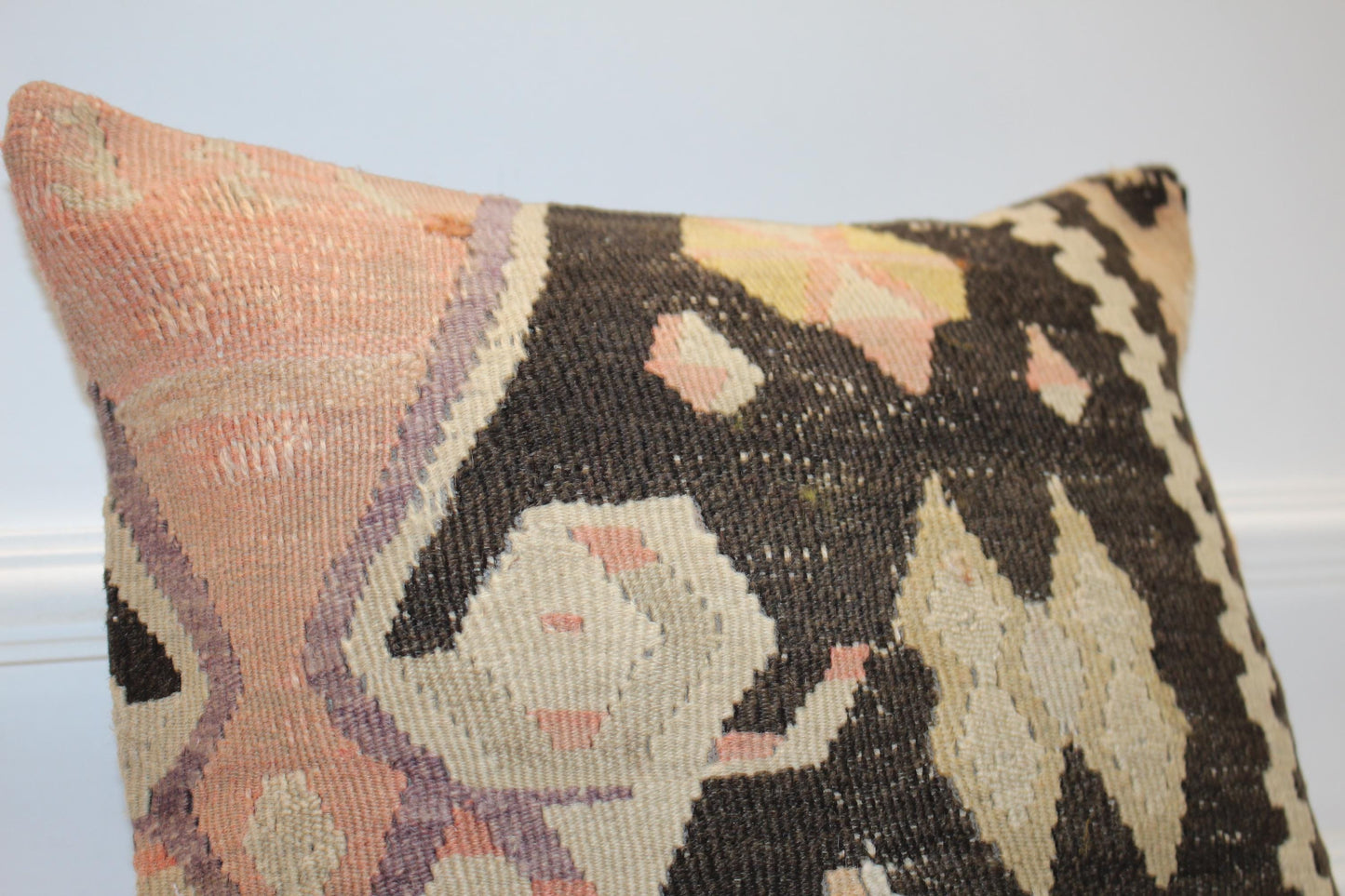Handmade Kilim Pillow Cover, Boho Woven Rug Accent Pillow (16x16 in)