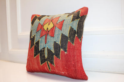 Red Blue Tribal Anatolian Rug Cushion, Bold Boho Ethnic Home Decor, (16x16 in)