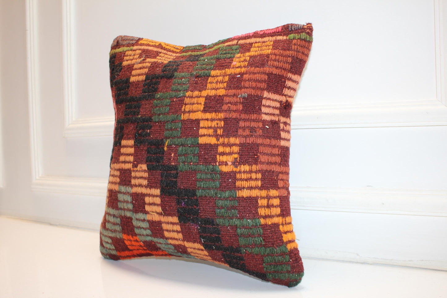 Burgundy Green Geometric Anatolian Rug Cushion, Rustic Boho Home Decor (16x16 in)