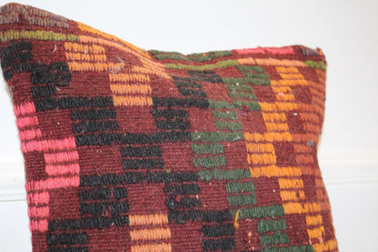 Burgundy Green Geometric Anatolian Rug Cushion, Rustic Boho Home Decor (16x16 in)