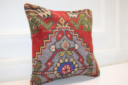 Red Multicolor Anatolian Rug Cushion, Bold Tribal Boho Home Decor(16x16 in)