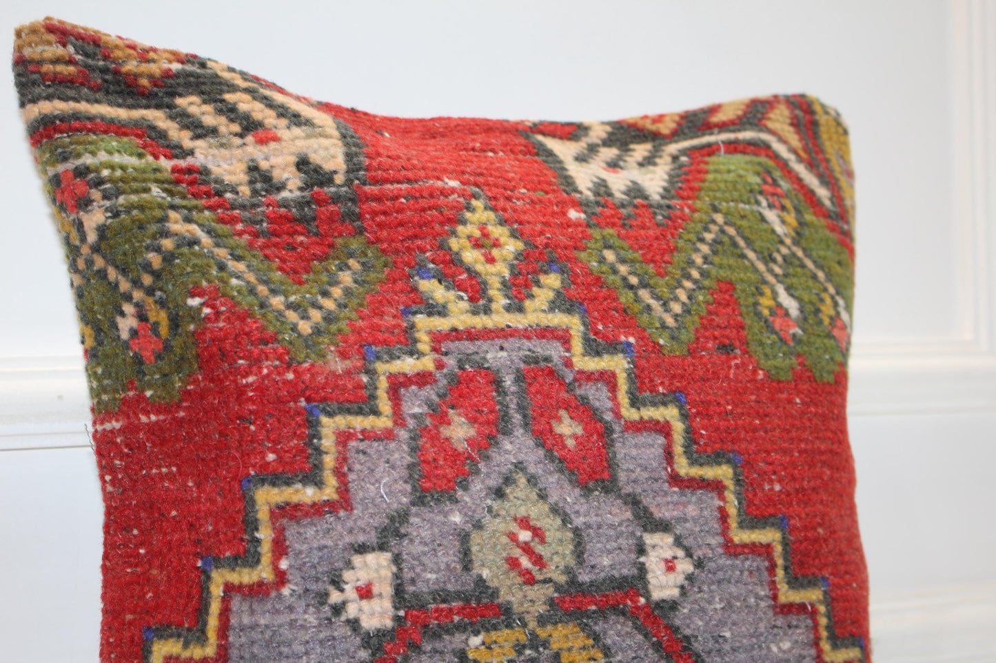 Red Multicolor Anatolian Rug Cushion, Bold Tribal Boho Home Decor(16x16 in)
