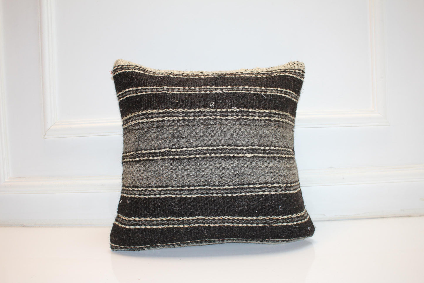Black Gray Striped Anatolian Rug Cushion, Minimal Rustic Boho Home Decor(16x16 in)