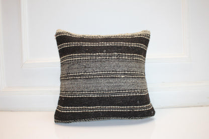 Black Gray Striped Anatolian Rug Cushion, Minimal Rustic Boho Home Decor(16x16 in)