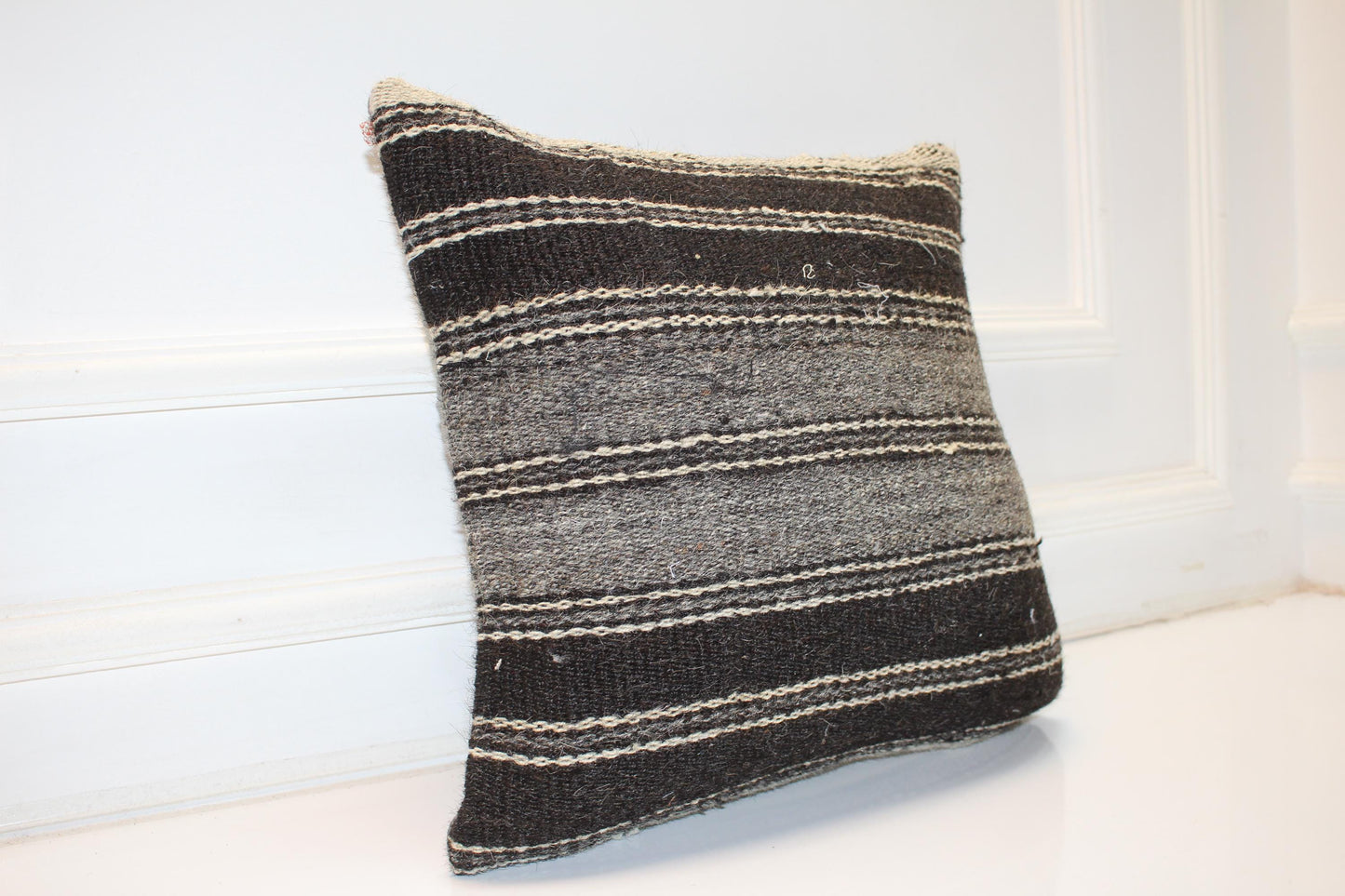 Black Gray Striped Anatolian Rug Cushion, Minimal Rustic Boho Home Decor(16x16 in)