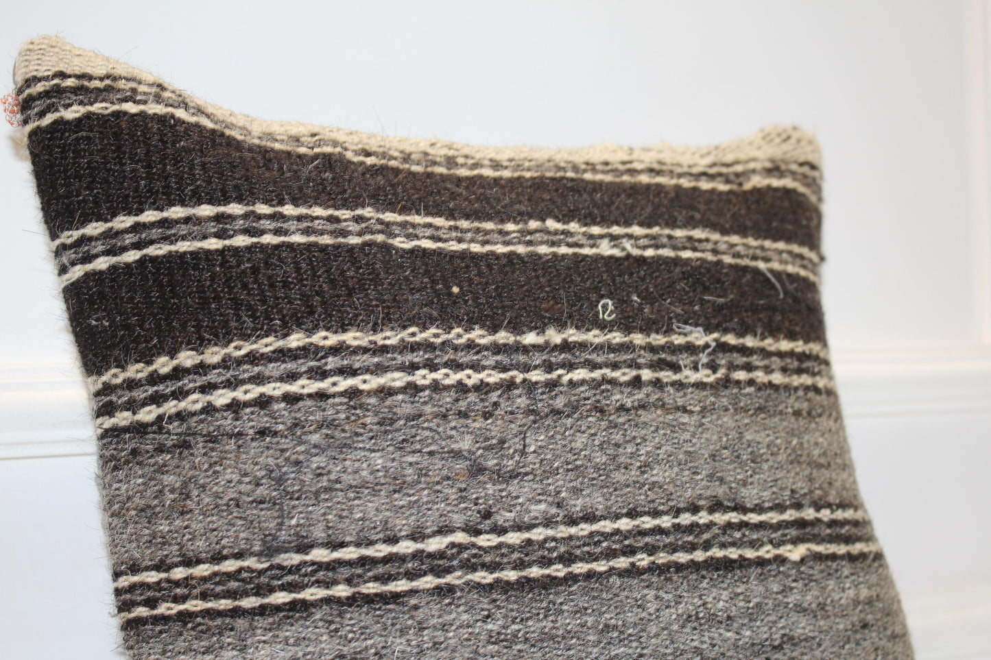 Black Gray Striped Anatolian Rug Cushion, Minimal Rustic Boho Home Decor(16x16 in)