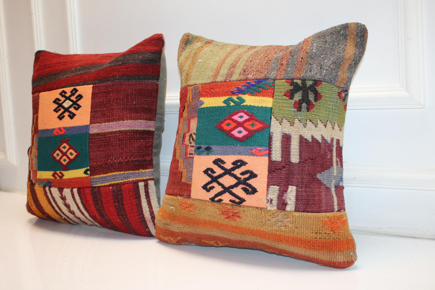 Set of 2 Vintage Turkish Kilim Pillow Covers, Boho Rug Cushions (16x16 in)