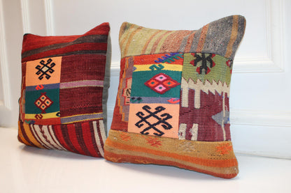 Set of 2 Vintage Turkish Kilim Pillow Covers, Boho Rug Cushions (16x16 in)