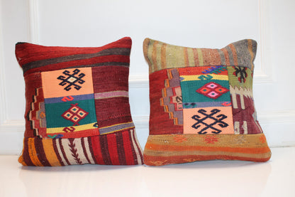 Set of 2 Vintage Turkish Kilim Pillow Covers, Boho Rug Cushions (16x16 in)
