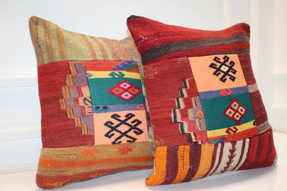 Set of 2 Vintage Turkish Kilim Pillow Covers, Boho Rug Cushions (16x16 in)