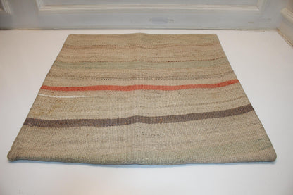 Vintage Turkish Kilim Pillow Cover | Neutral Striped Boho Cushion (27x27 inch)