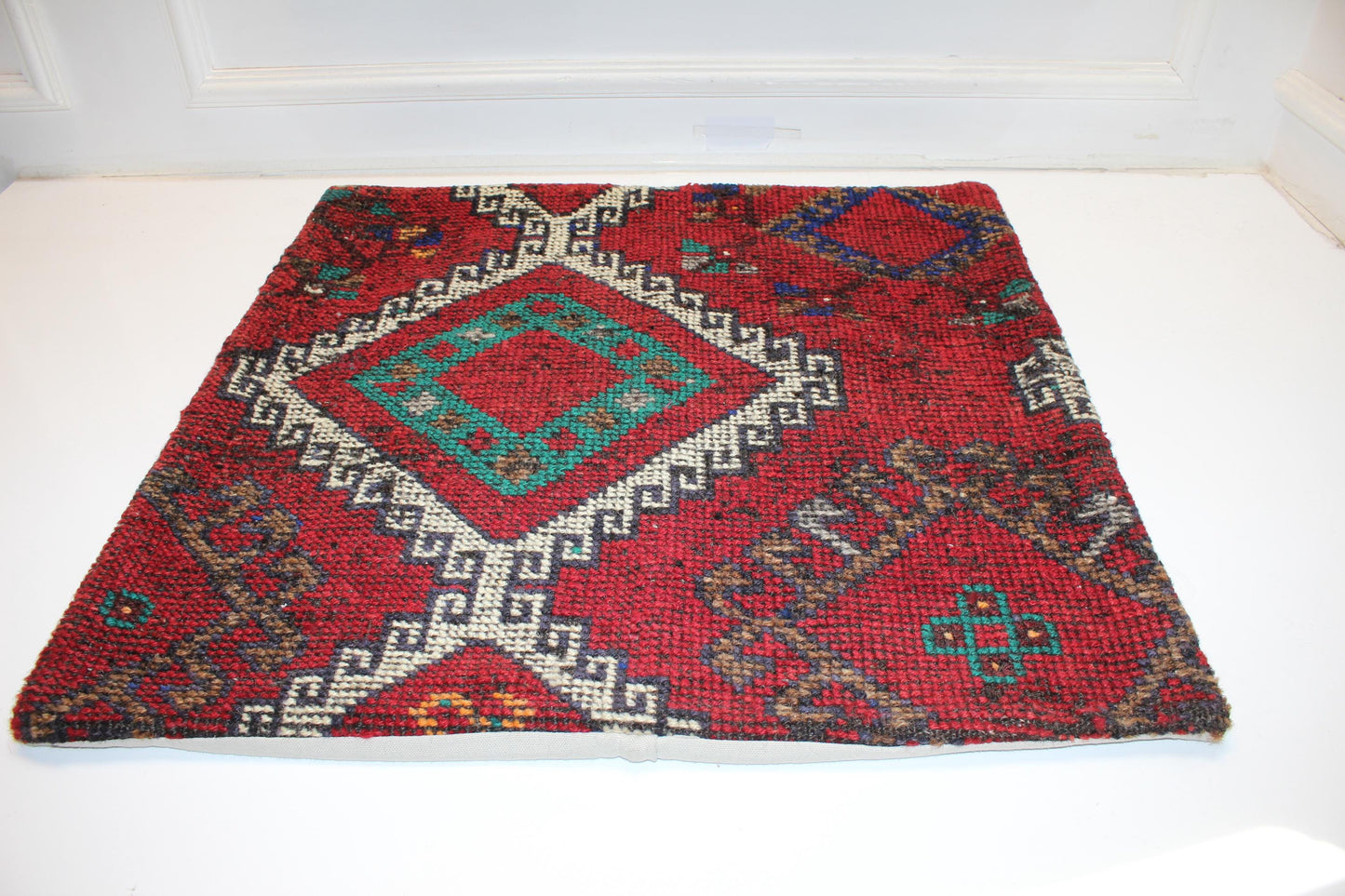 Vintage Turkish Kilim Pillow Cover | Red Geometric Boho Cushion (27x27 inch)