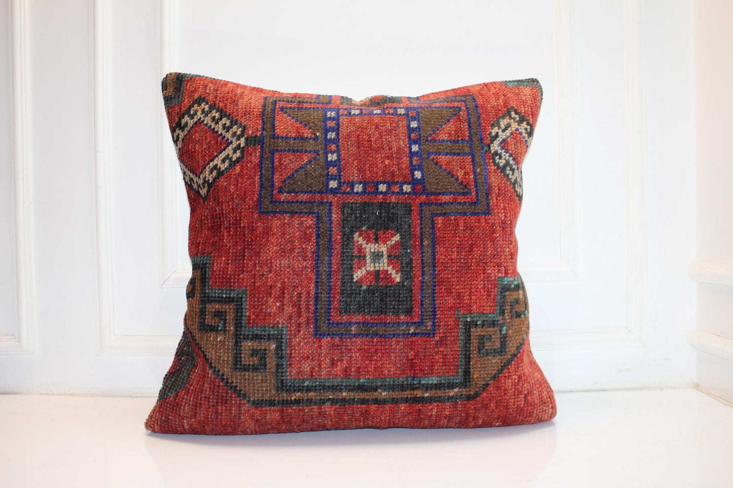 Vintage Turkish Kilim Pillow Cover | Red Ethnic Boho Cushion (27x27 inch)