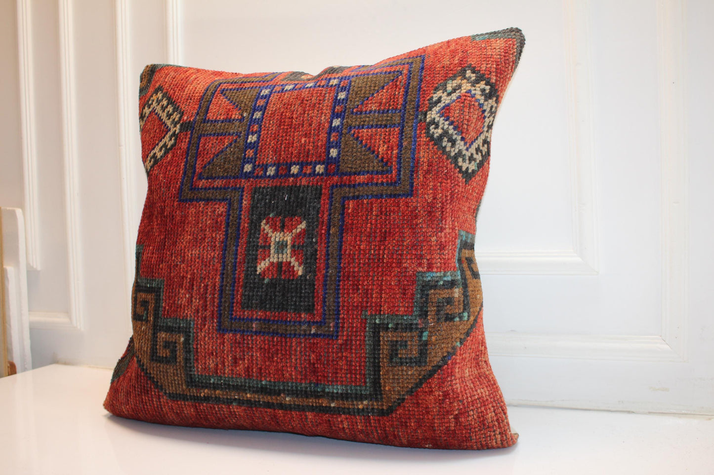 Vintage Turkish Kilim Pillow Cover | Red Ethnic Boho Cushion (27x27 inch)