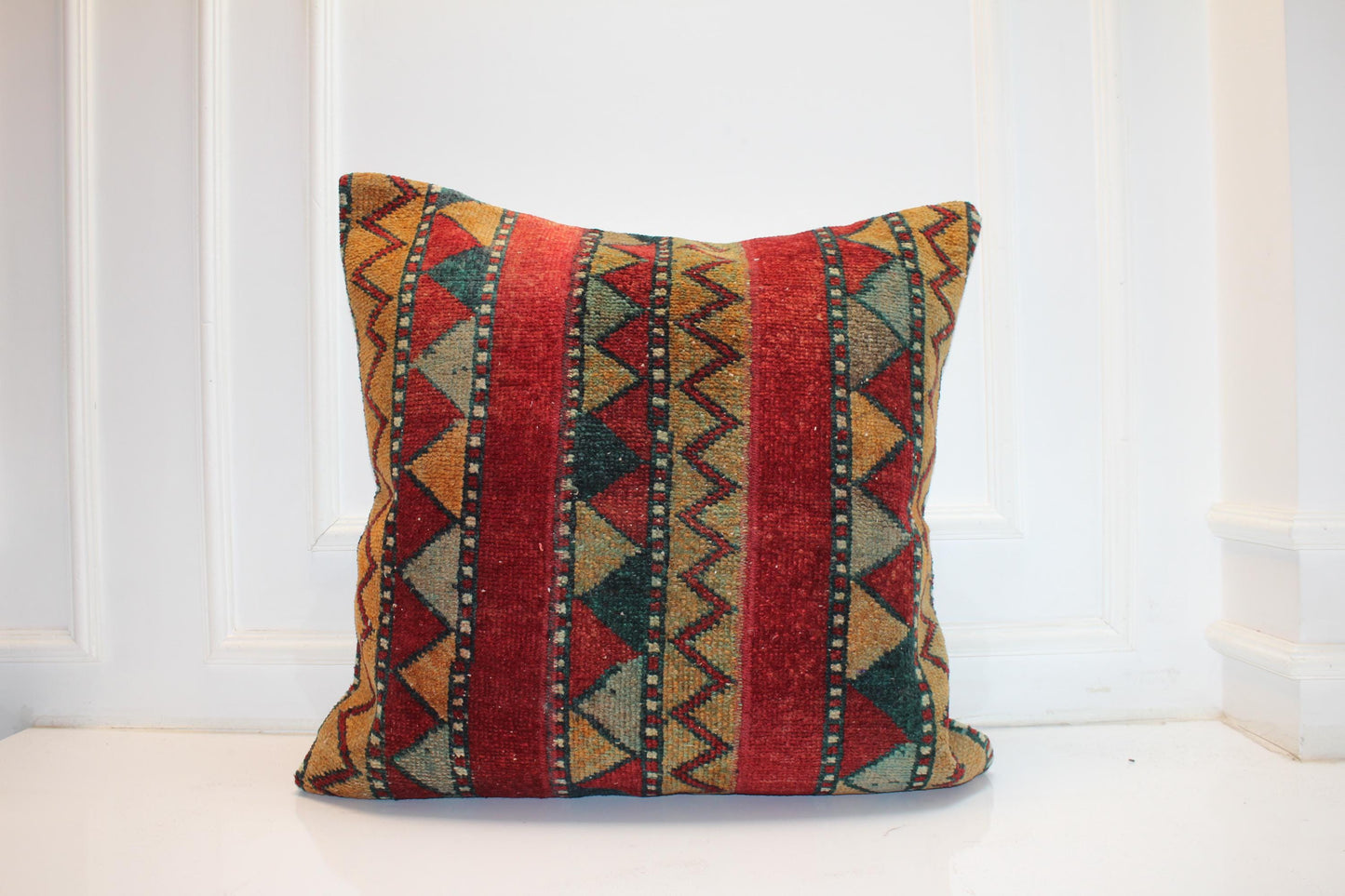 Red & Green Striped Geometric Boho Cushion | Summer- Winter Garden Decor 27x27 ınch