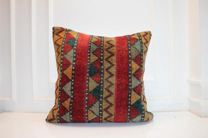 Red & Green Striped Geometric Boho Cushion | Summer- Winter Garden Decor 27x27 ınch