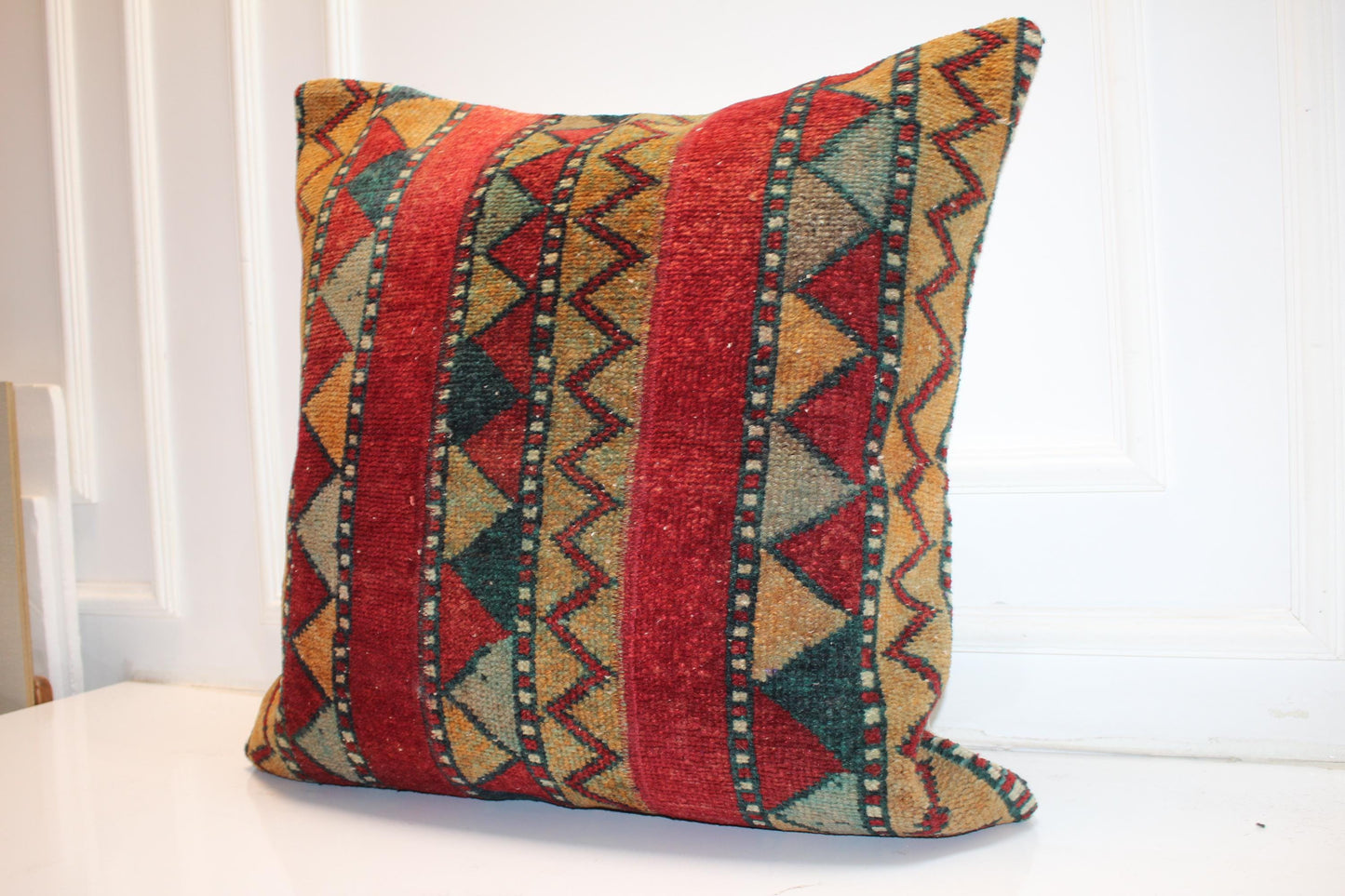 Red & Green Striped Geometric Boho Cushion | Summer- Winter Garden Decor 27x27 ınch