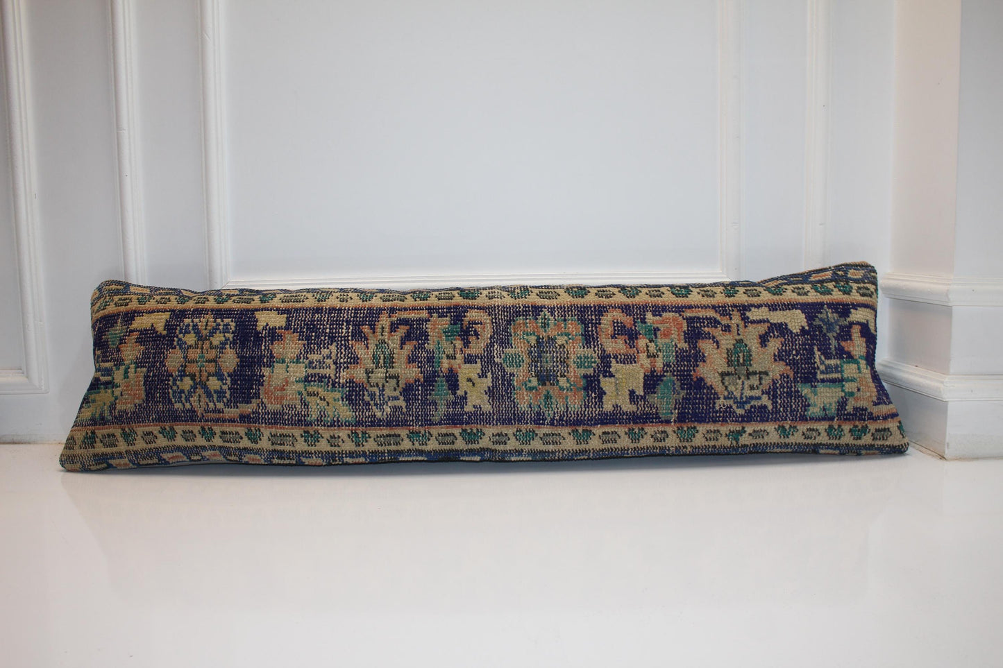 Handmade Turkish Kilim Lumbar Pillow Cover | Navy Beige Woven Rug