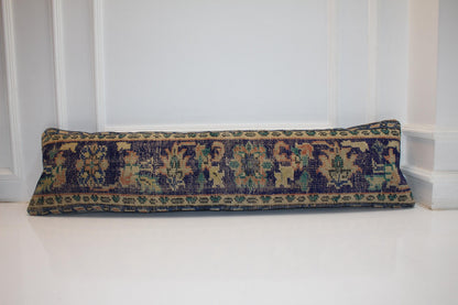 Handmade Turkish Kilim Lumbar Pillow Cover | Navy Beige Woven Rug