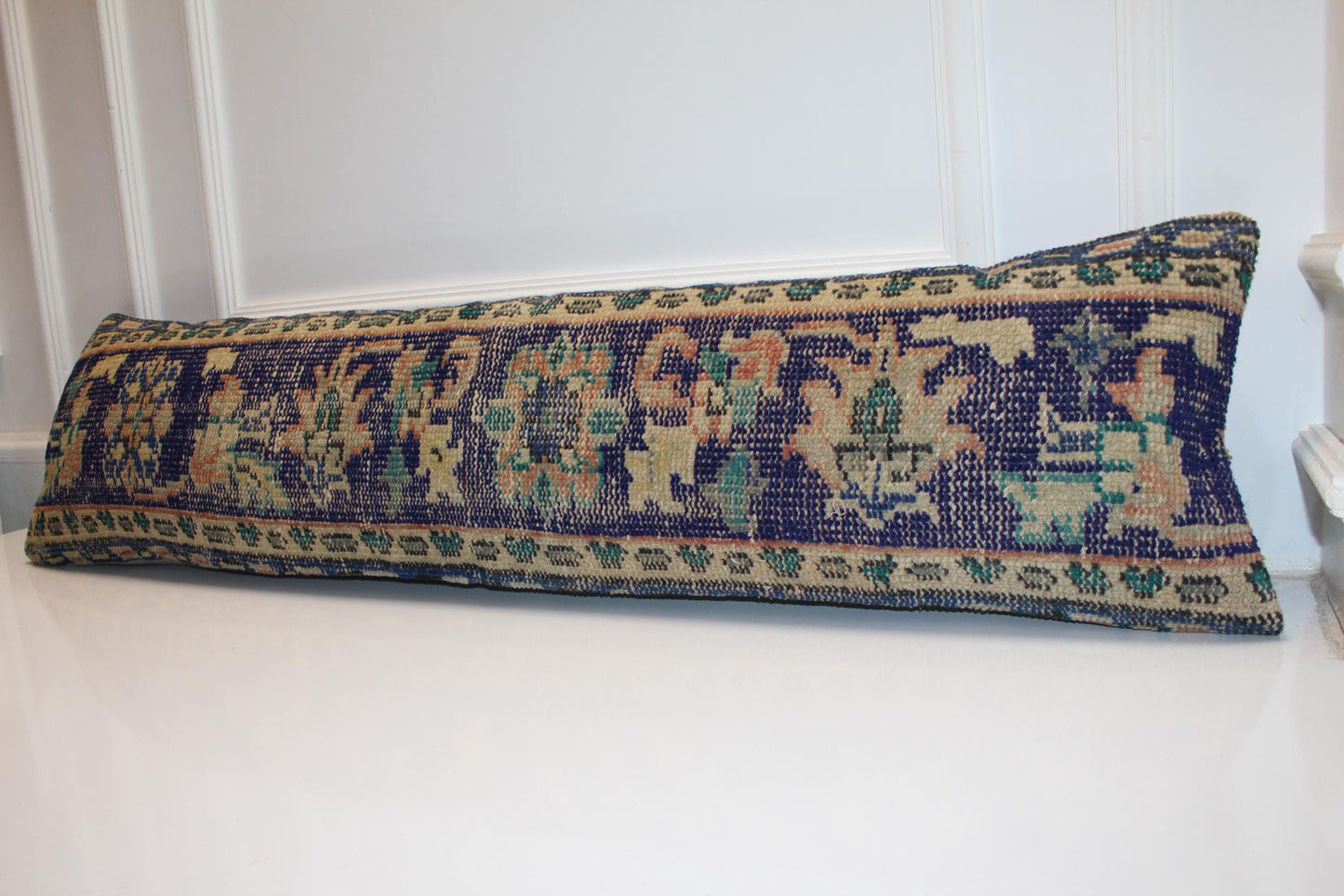 Handmade Turkish Kilim Lumbar Pillow Cover | Navy Beige Woven Rug
