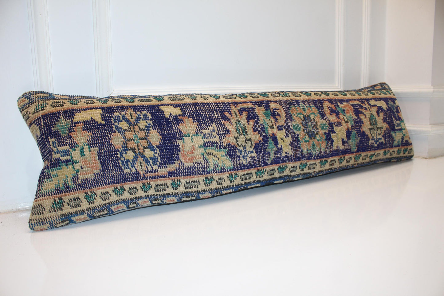 Handmade Turkish Kilim Lumbar Pillow Cover | Navy Beige Woven Rug