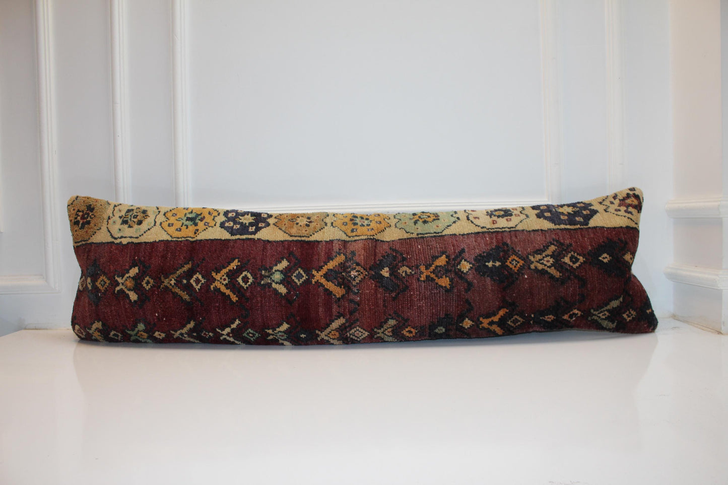 Vintage Turkish Kilim Lumbar Pillow Cover | Bed Bench Cushion | Burgundy Classic Pattern Long Pillow
