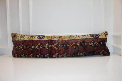 Vintage Turkish Kilim Lumbar Pillow Cover | Bed Bench Cushion | Burgundy Classic Pattern Long Pillow