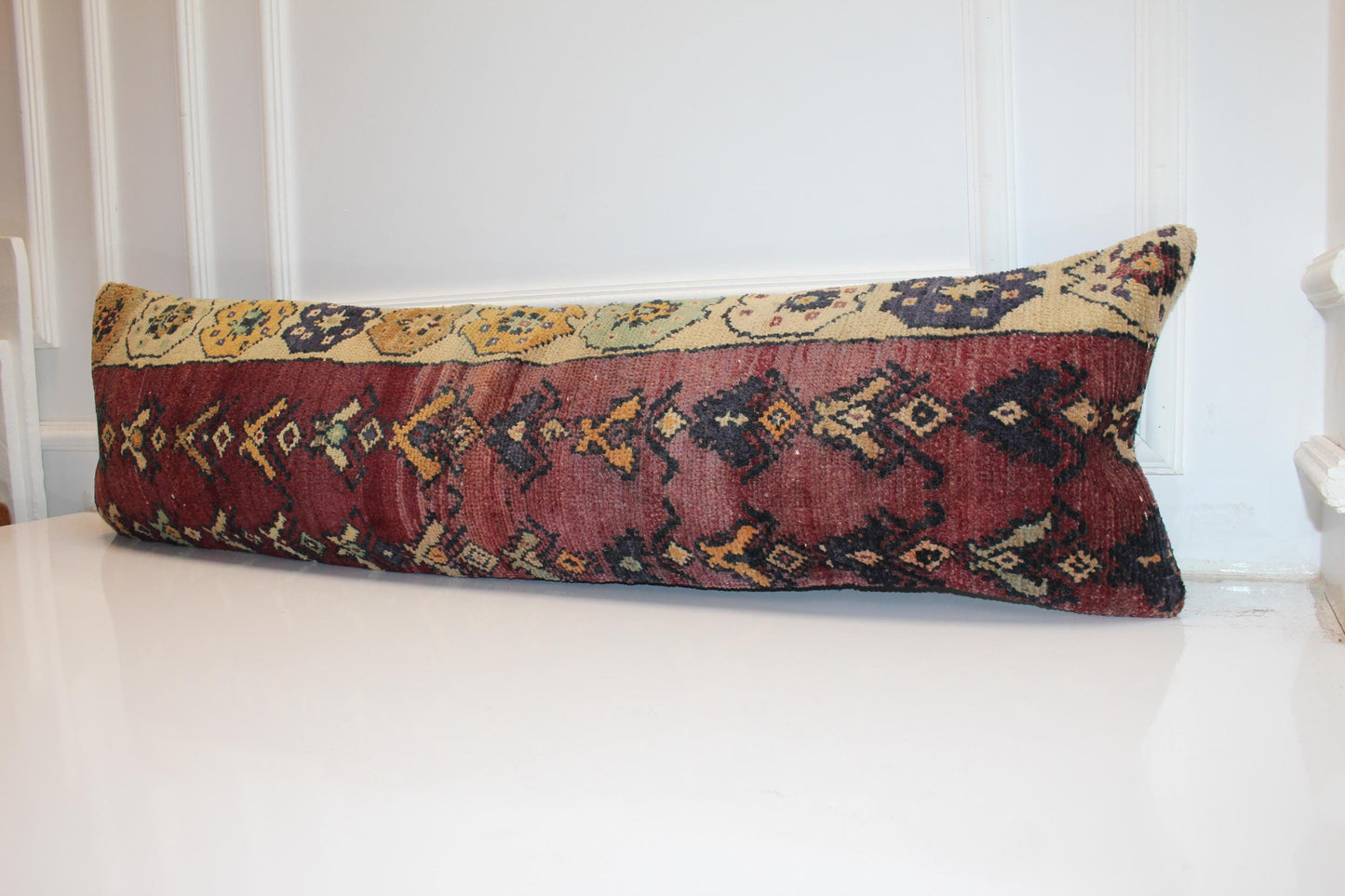 Vintage Turkish Kilim Lumbar Pillow Cover | Bed Bench Cushion | Burgundy Classic Pattern Long Pillow