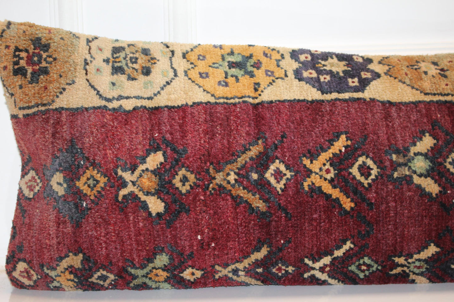 Vintage Turkish Kilim Lumbar Pillow Cover | Bed Bench Cushion | Burgundy Classic Pattern Long Pillow