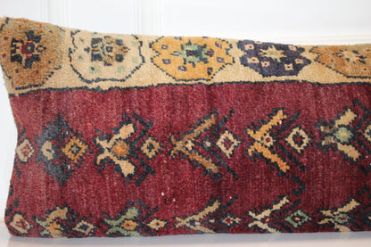 Vintage Turkish Kilim Lumbar Pillow Cover | Bed Bench Cushion | Burgundy Classic Pattern Long Pillow