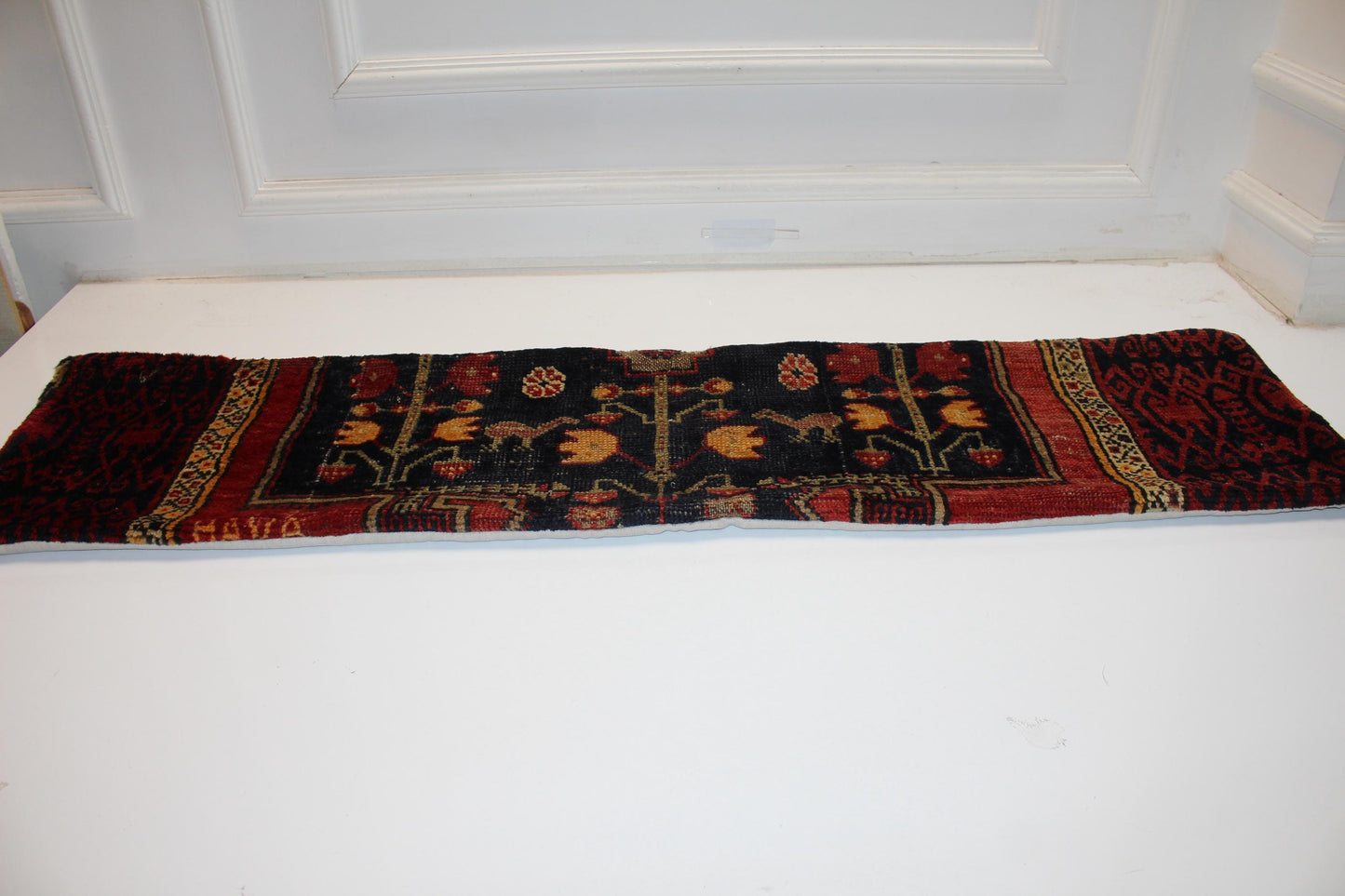 Vintage Turkish Kilim Lumbar Pillow Cover | Black Floral Bed Bench Cushion