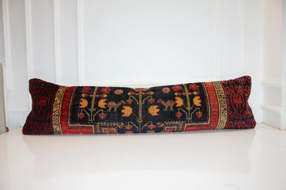 Vintage Turkish Kilim Lumbar Pillow Cover | Black Floral Bed Bench Cushion