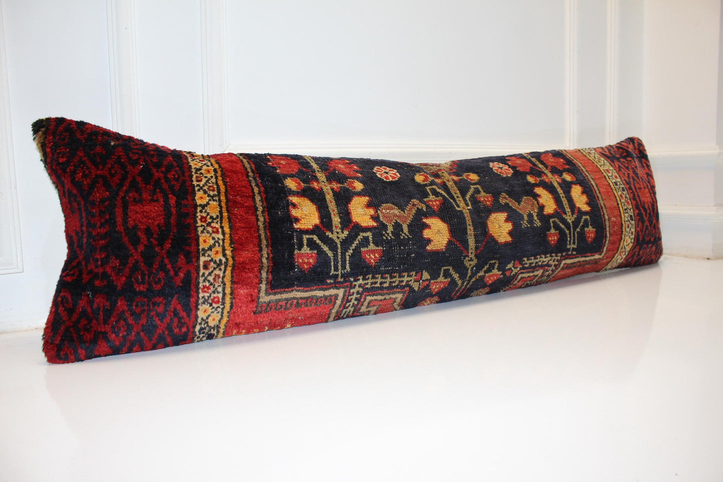 Vintage Turkish Kilim Lumbar Pillow Cover | Black Floral Bed Bench Cushion