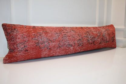 Handmade Turkish Kilim Lumbar Pillow Cover | Red Woven Wool Cushion (12x48 in.)