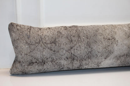 Handmade Turkish Kilim Lumbar Pillow Cover | Gray Woven Rug Cushion (12x48 in.)