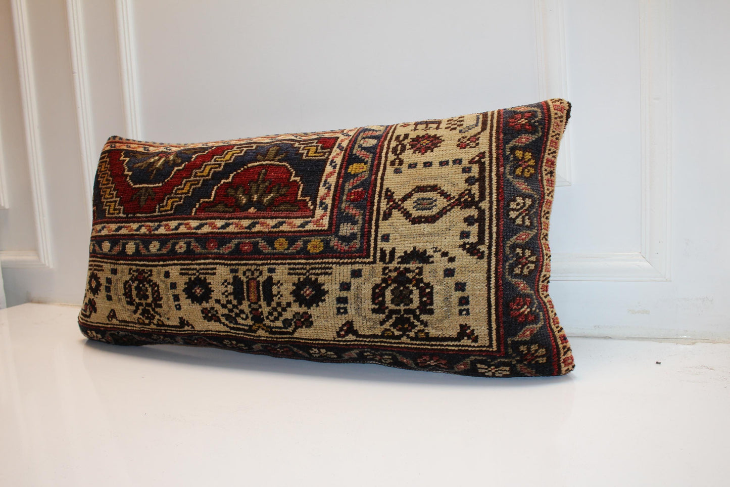 Handmade Turkish Kilim Lumbar Pillow Cover | Cream, Beige, Burgundy (16x32 in.)