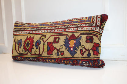 Handmade Turkish Kilim Lumbar Pillow Cover | Ethnic Woven Rug