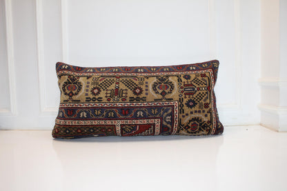 Vintage Turkish Kilim Lumbar Pillow Cover | Beige Woven Rug Cushion