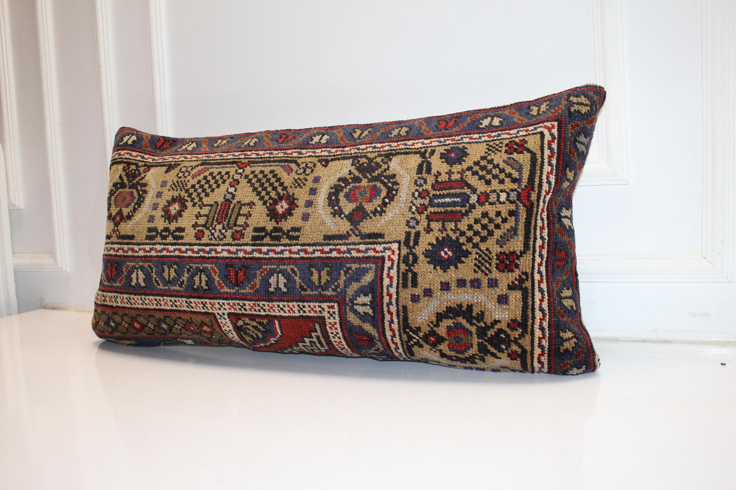 Vintage Turkish Kilim Lumbar Pillow Cover | Beige Woven Rug Cushion